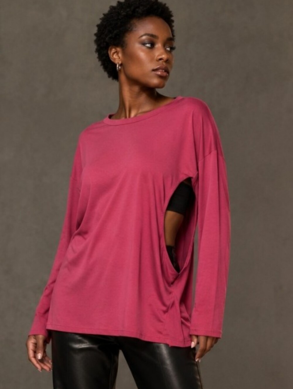 Womens Dusty Rose Long Sleeve Knit Top Large Relaxed Fit Stretch Zip Detail
